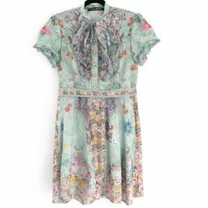 Dalia Macphee dress mint storybook whimsical print sz XL neck tie pearl buttons